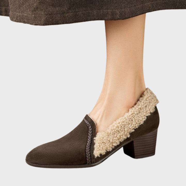 Women's Slip On Block Heel Shoe with Shearling Trim