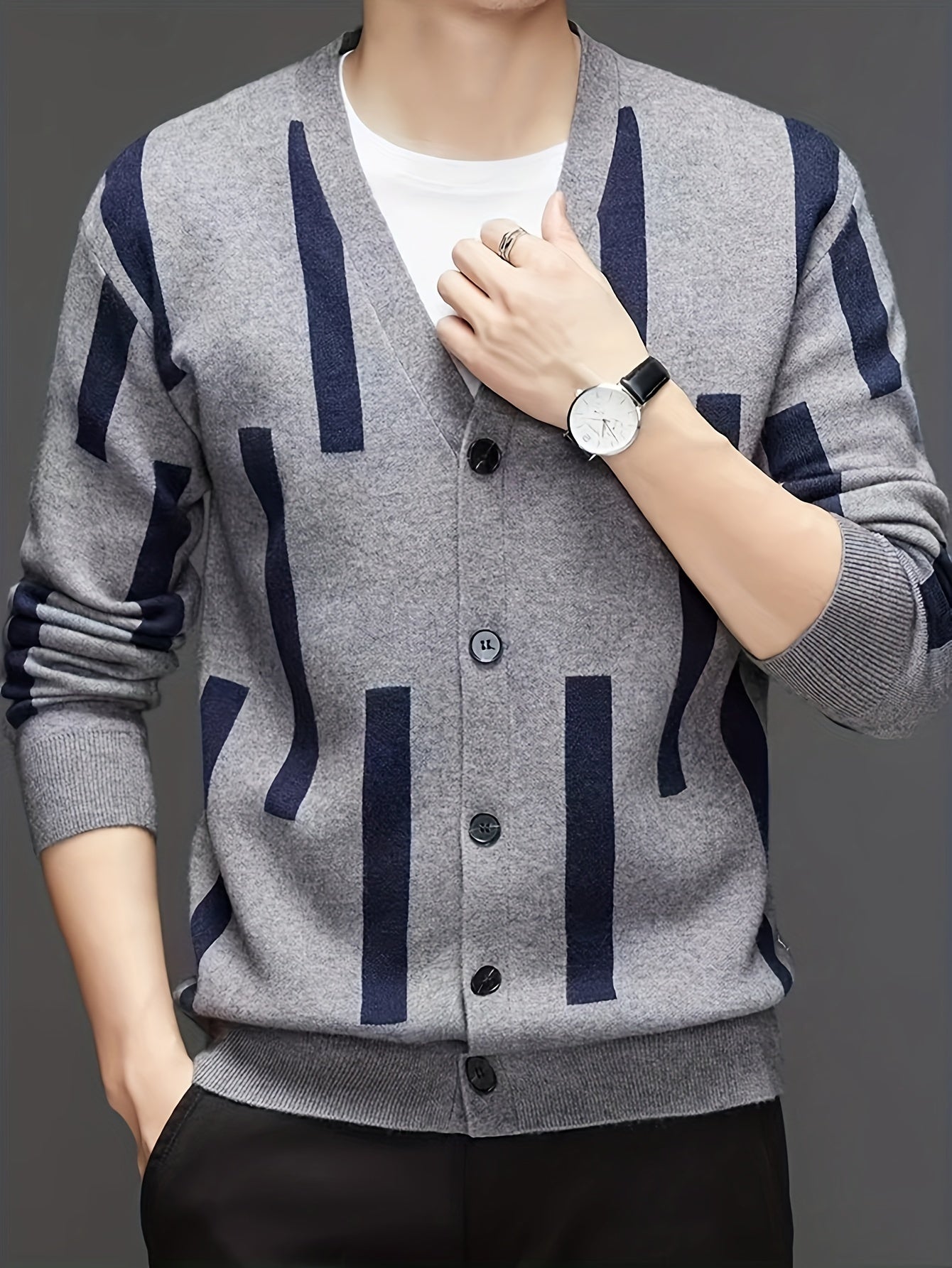 [2024 Men's V-Neck Sweater] 2024 Men's Casual V-Neck Cardigan Sweater | Striped Button-Front Design, Stretchy Knit Fabric, All-Season Comfort, Regular Fit Long Sleeve | Vneck Design, Durable Comfort, Textured Knitwear