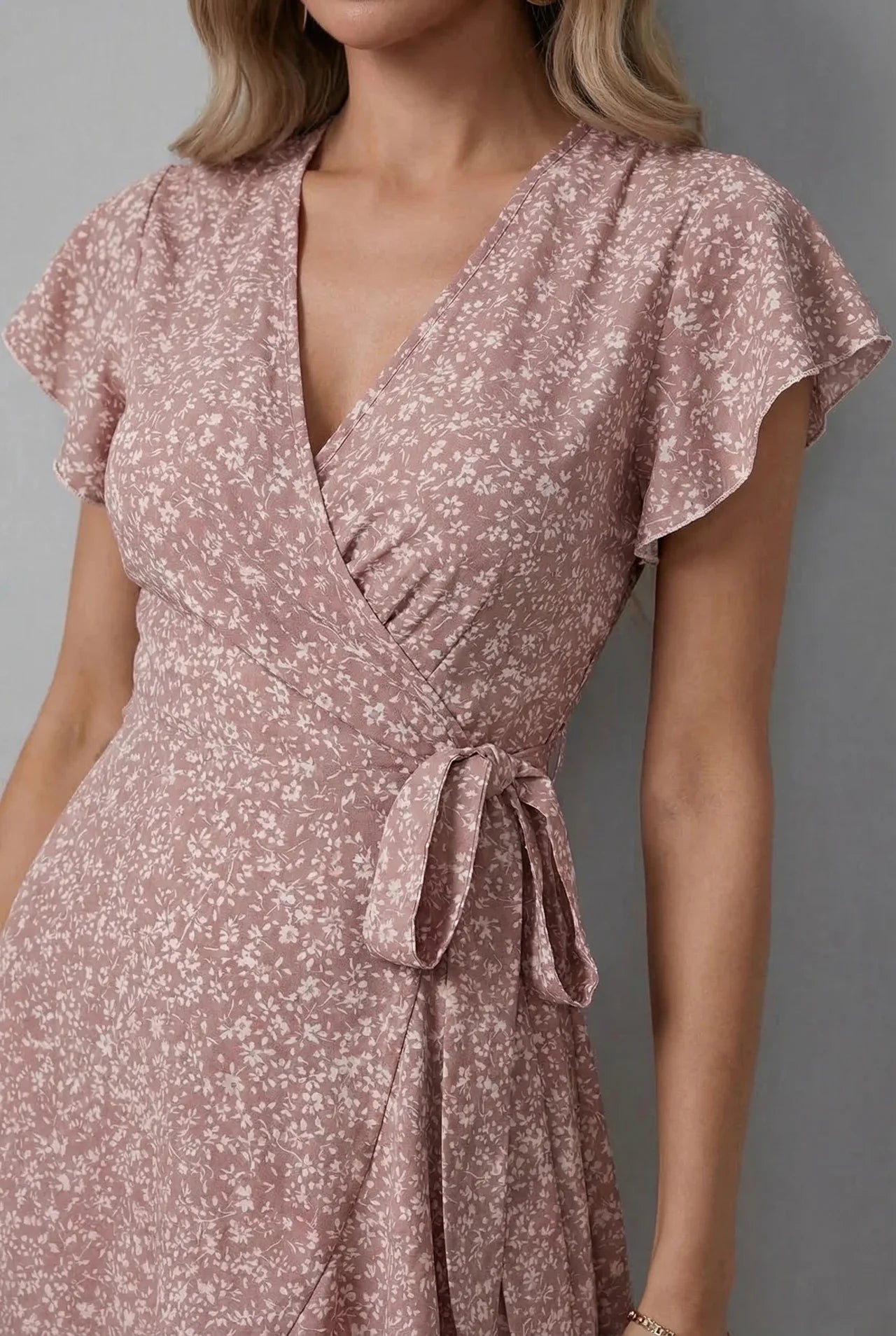 Small Floral Print Wrap V Neck Ruffle Sleeve Maxi Dress