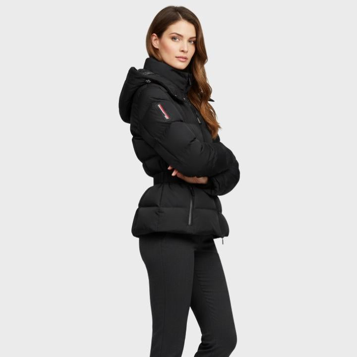 Women's Black hooded Puffer Jacket with Belt High Collar