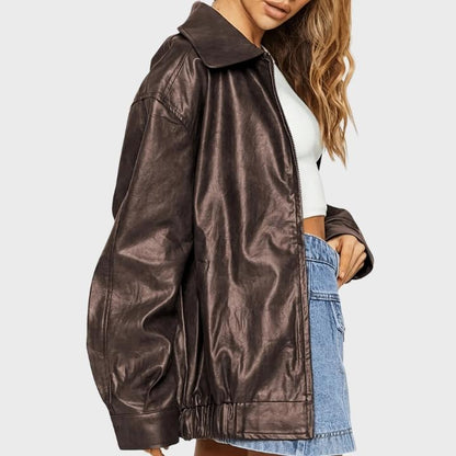 Women’s Classic Brown Zip-Up Leather Jacket
