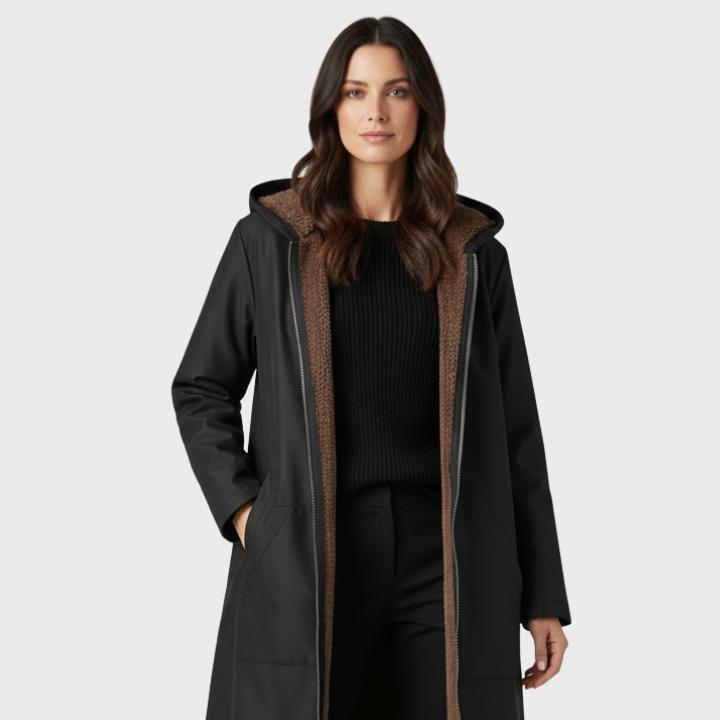 Women’s Elegant Black Plush-Lined Hooded Long Coat