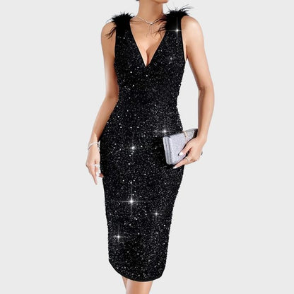 Women's Elegant V-Neck Black Sequin Dress