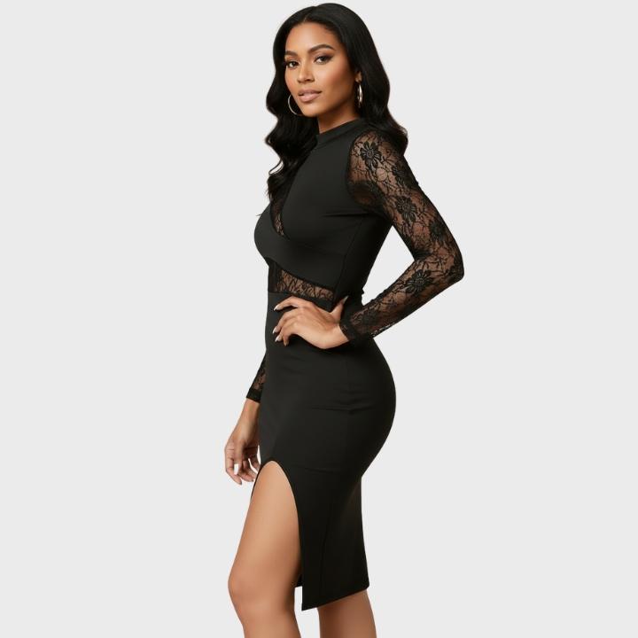 Women's Elegant Semi-Sheer Lace Panel Black Bodycon Dress