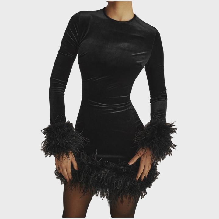 Women's Black Long Sleeve Feather Hem Dress