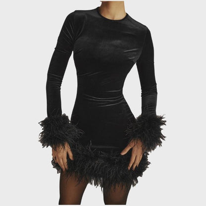 Women's Black Long Sleeve Feather Hem Dress