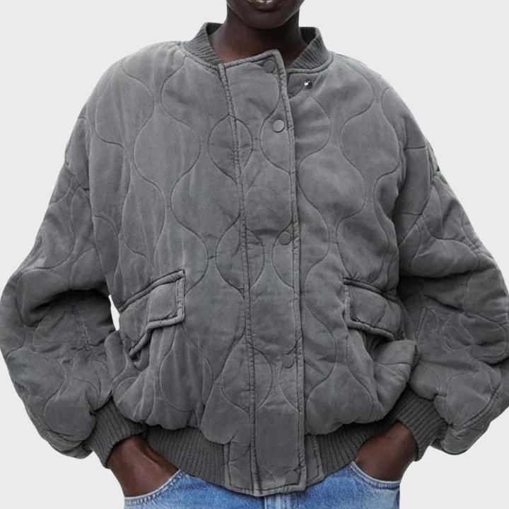 Women's Gray Oversized Quilted Bomber Jacket