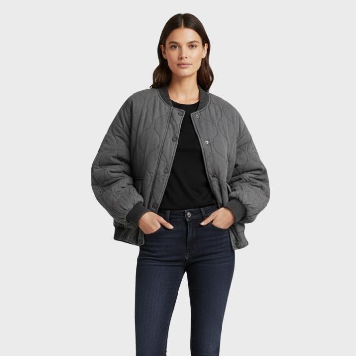 Women's Gray Oversized Quilted Bomber Jacket