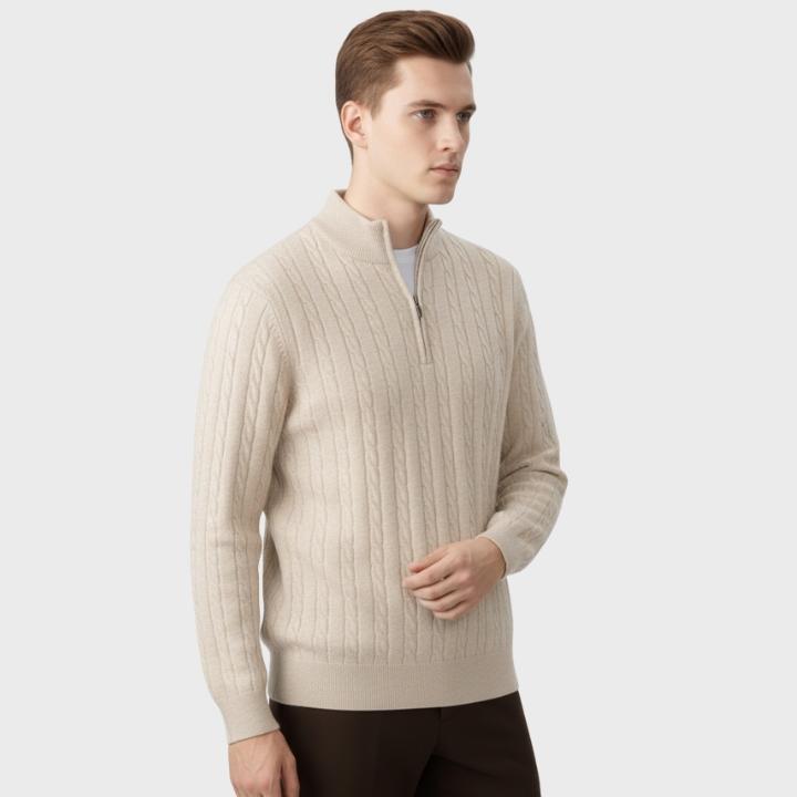 Men's Neutral Textured  Quarter Zip Cable Knit Embroidery Jumper