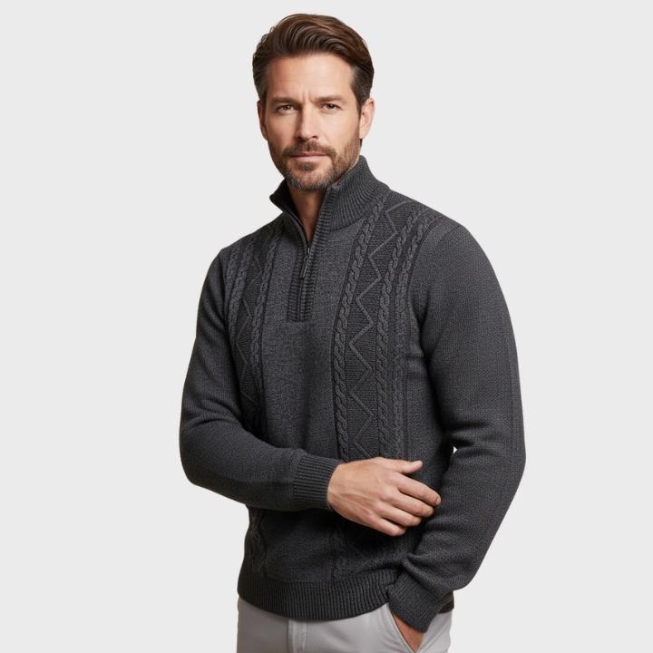 Men's Casual Gray Geometric Pattern Cable Knit Quarter Zip Jumper