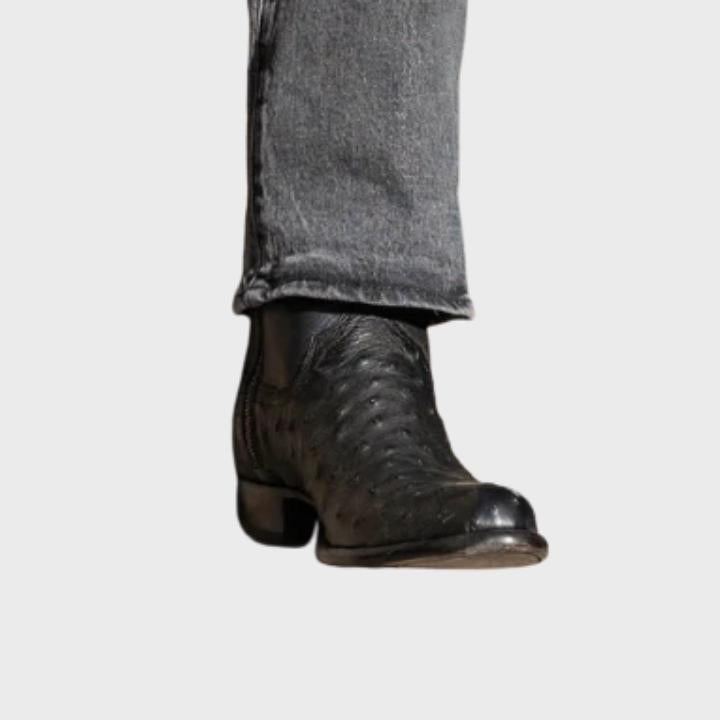 Men's Black Ostrich Print Western Side Zip Ankle Boots
