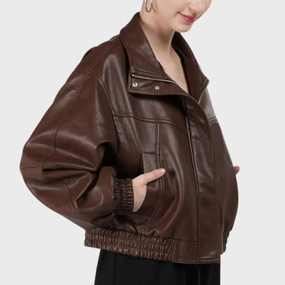 Women’s Zip Front Leather Bomber Jacket