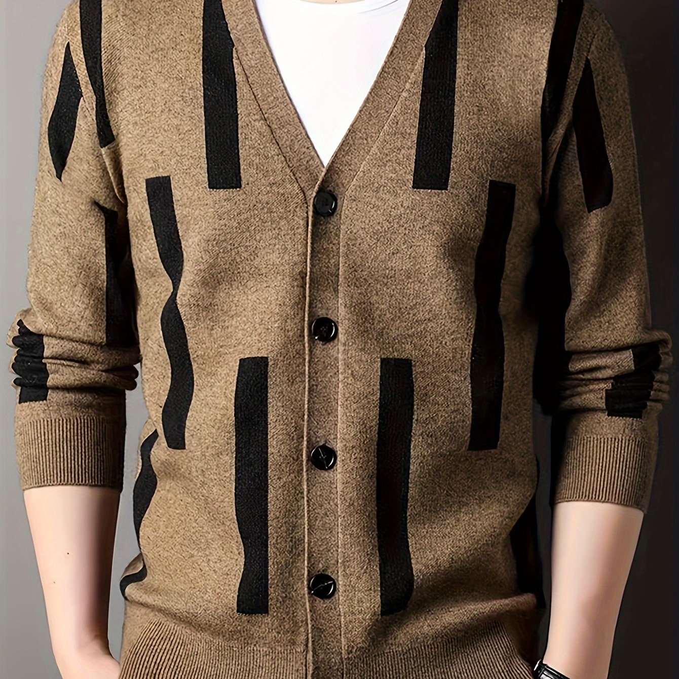 [2024 Men's V-Neck Sweater] 2024 Men's Casual V-Neck Cardigan Sweater | Striped Button-Front Design, Stretchy Knit Fabric, All-Season Comfort, Regular Fit Long Sleeve | Vneck Design, Durable Comfort, Textured Knitwear