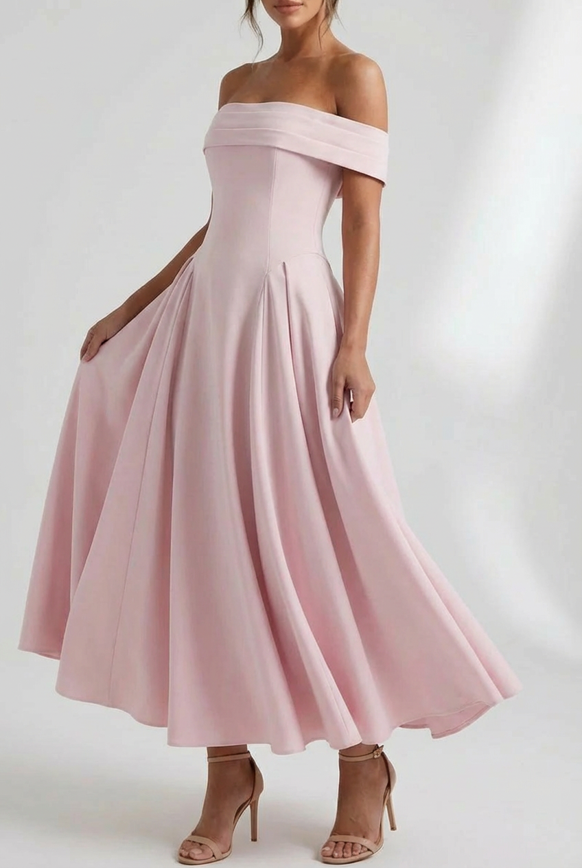 Women's Sophisticated Off Shoulder Pleated Flare Mid Length Dress