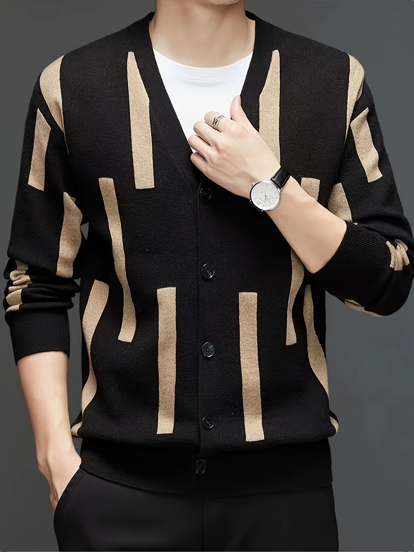 [2024 Men's V-Neck Sweater] 2024 Men's Casual V-Neck Cardigan Sweater | Striped Button-Front Design, Stretchy Knit Fabric, All-Season Comfort, Regular Fit Long Sleeve | Vneck Design, Durable Comfort, Textured Knitwear