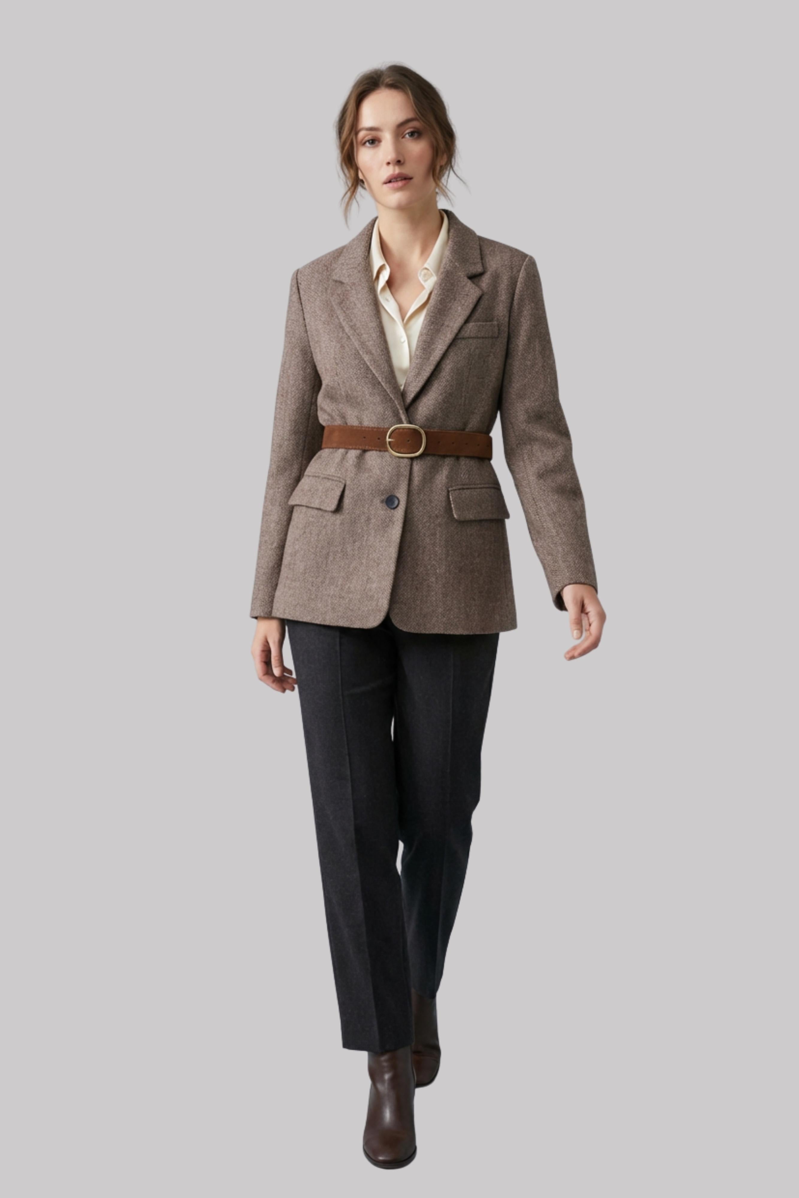 Women’s Vintage-Style Belted Blazer Brown Jacket
