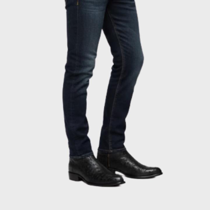 Men's Black Ostrich Print Western Side Zip Ankle Boots