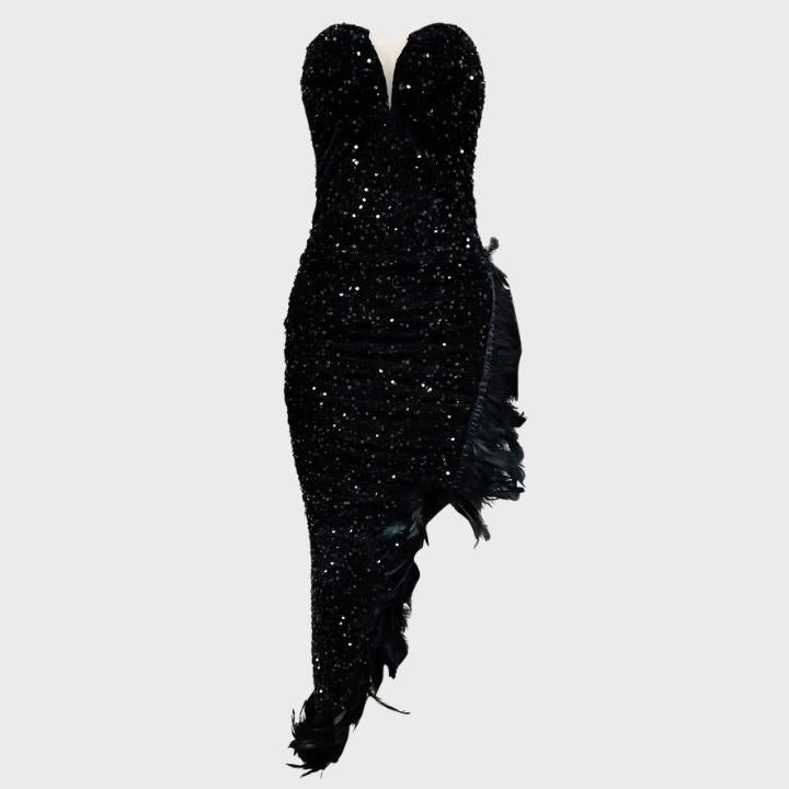 Women's Black Feather Sequin Cocktail Dress