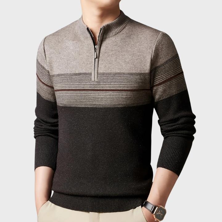 Men's Regular Fit Striped Knit Pullover with Crew Neck Quarter-Zip