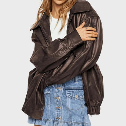 Women’s Classic Brown Zip-Up Leather Jacket