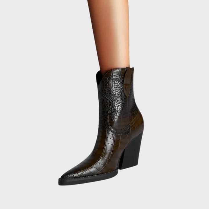 Women's Croc Embossed Pointed Mid Calf Boot