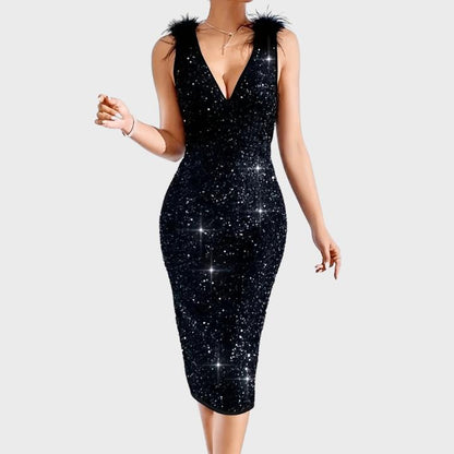 Women's Elegant V-Neck Black Sequin Dress