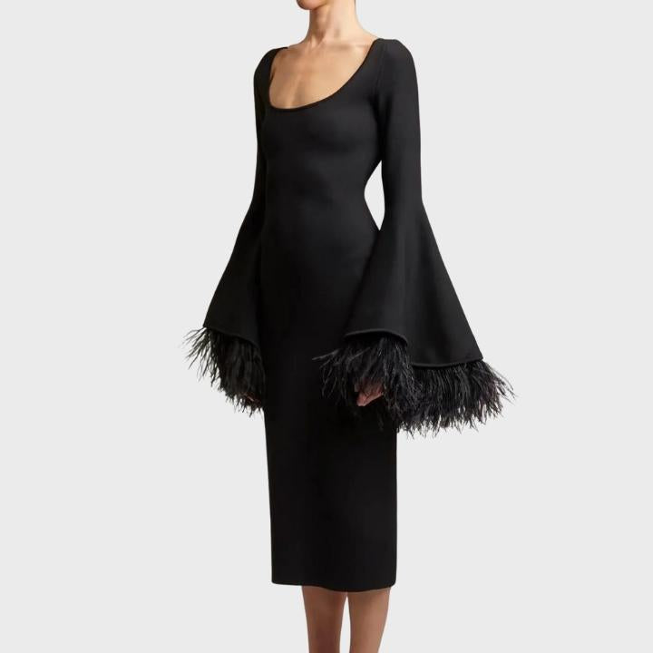 Women's Black Long Sleeve Feather Trim Pencil Dress