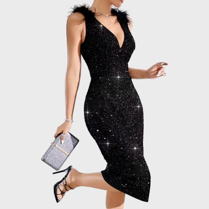 Women's Elegant V-Neck Black Sequin Dress