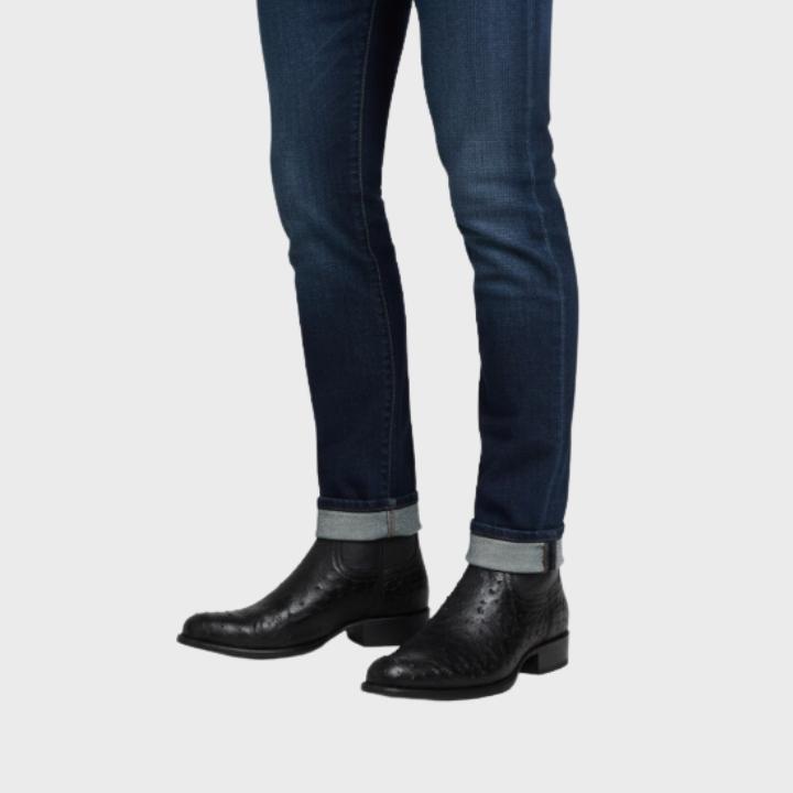 Men's Black Ostrich Print Western Side Zip Ankle Boots