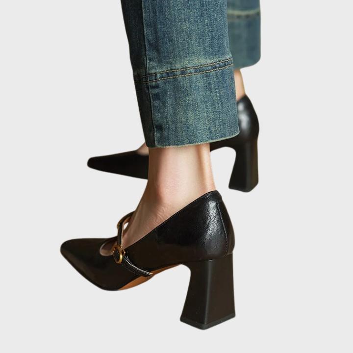 Women's Shiny Square Toe Pump with Metallic Strap