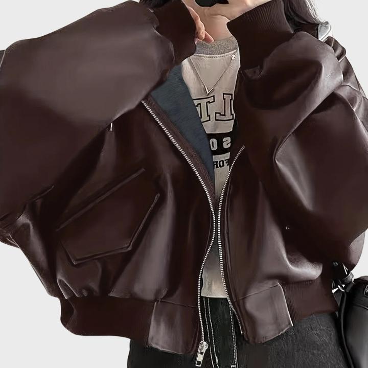 Women’s Oversized Retro Zip-Up Leather Jacket