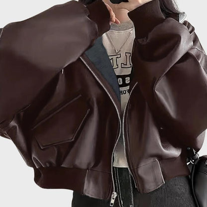 Women’s Oversized Retro Zip-Up Leather Jacket