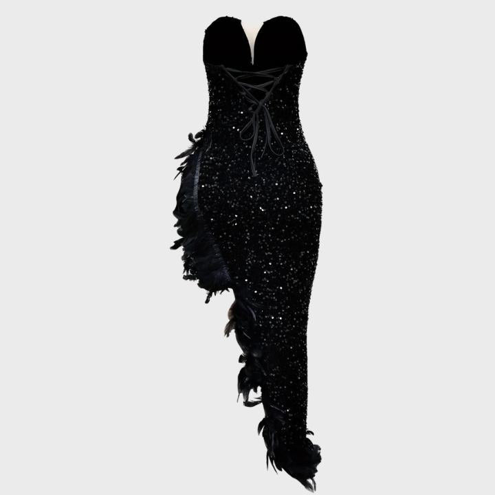 Women's Black Feather Sequin Cocktail Dress