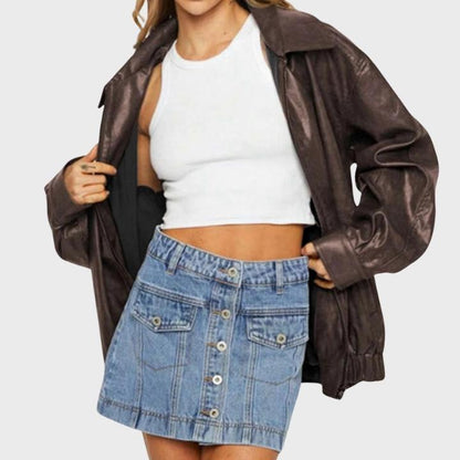 Women’s Classic Brown Zip-Up Leather Jacket