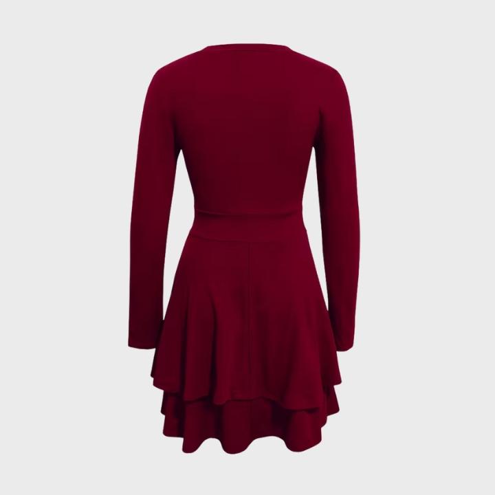 Women’s Solid Color Long-Sleeve V-Neck Layered Hem Fit-and-Flare Dress