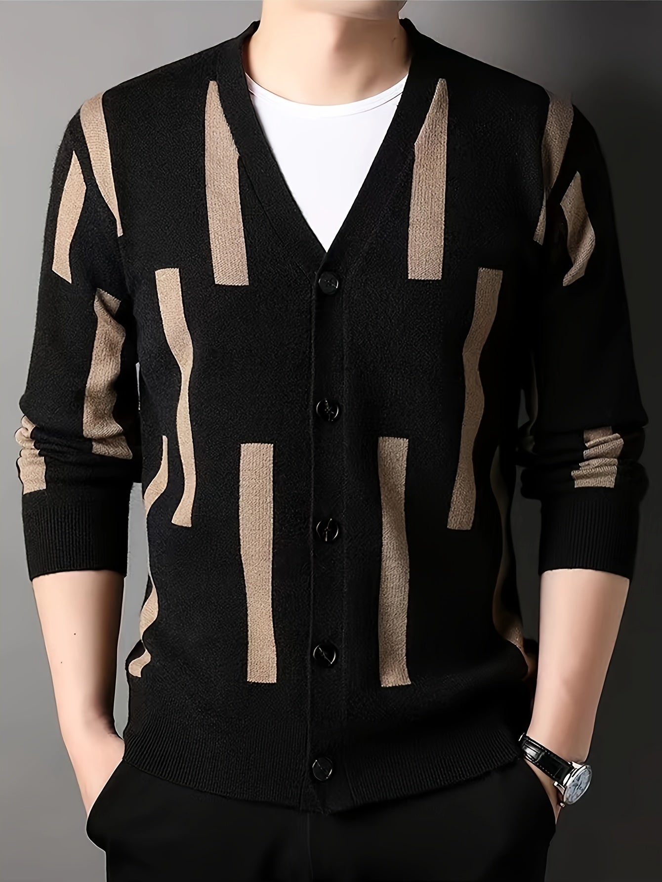 [2024 Men's V-Neck Sweater] 2024 Men's Casual V-Neck Cardigan Sweater | Striped Button-Front Design, Stretchy Knit Fabric, All-Season Comfort, Regular Fit Long Sleeve | Vneck Design, Durable Comfort, Textured Knitwear