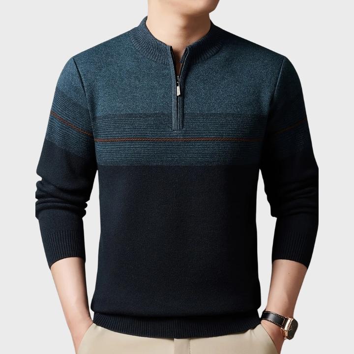Men's Regular Fit Striped Knit Pullover with Crew Neck Quarter-Zip