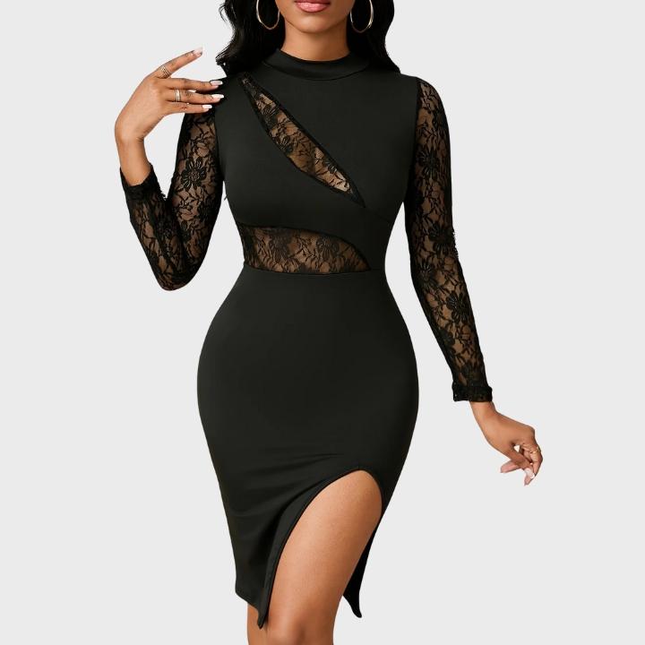 Women's Elegant Semi-Sheer Lace Panel Black Bodycon Dress