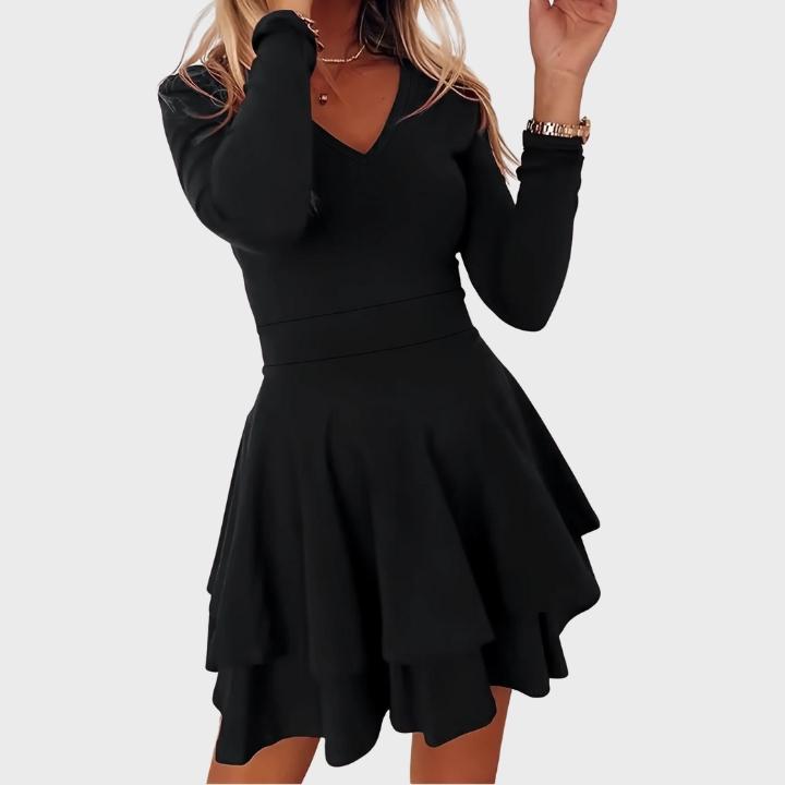 Women’s Solid Color Long-Sleeve V-Neck Layered Hem Fit-and-Flare Dress
