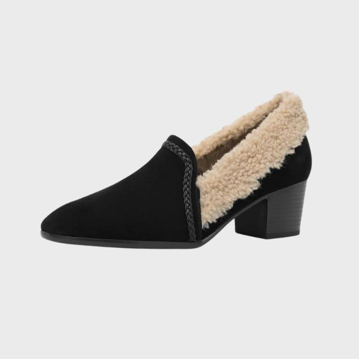 Women's Slip On Block Heel Shoe with Shearling Trim