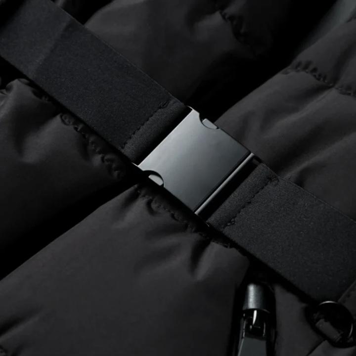 Women's Black hooded Puffer Jacket with Belt High Collar