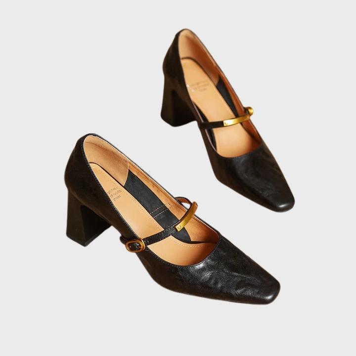 Women's Shiny Square Toe Pump with Metallic Strap
