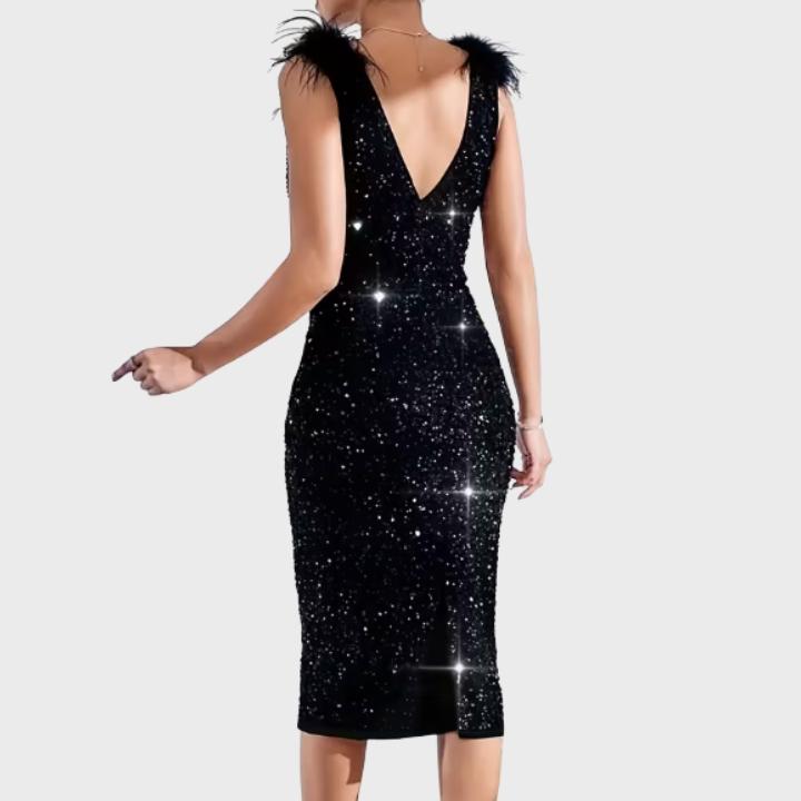 Women's Elegant V-Neck Black Sequin Dress