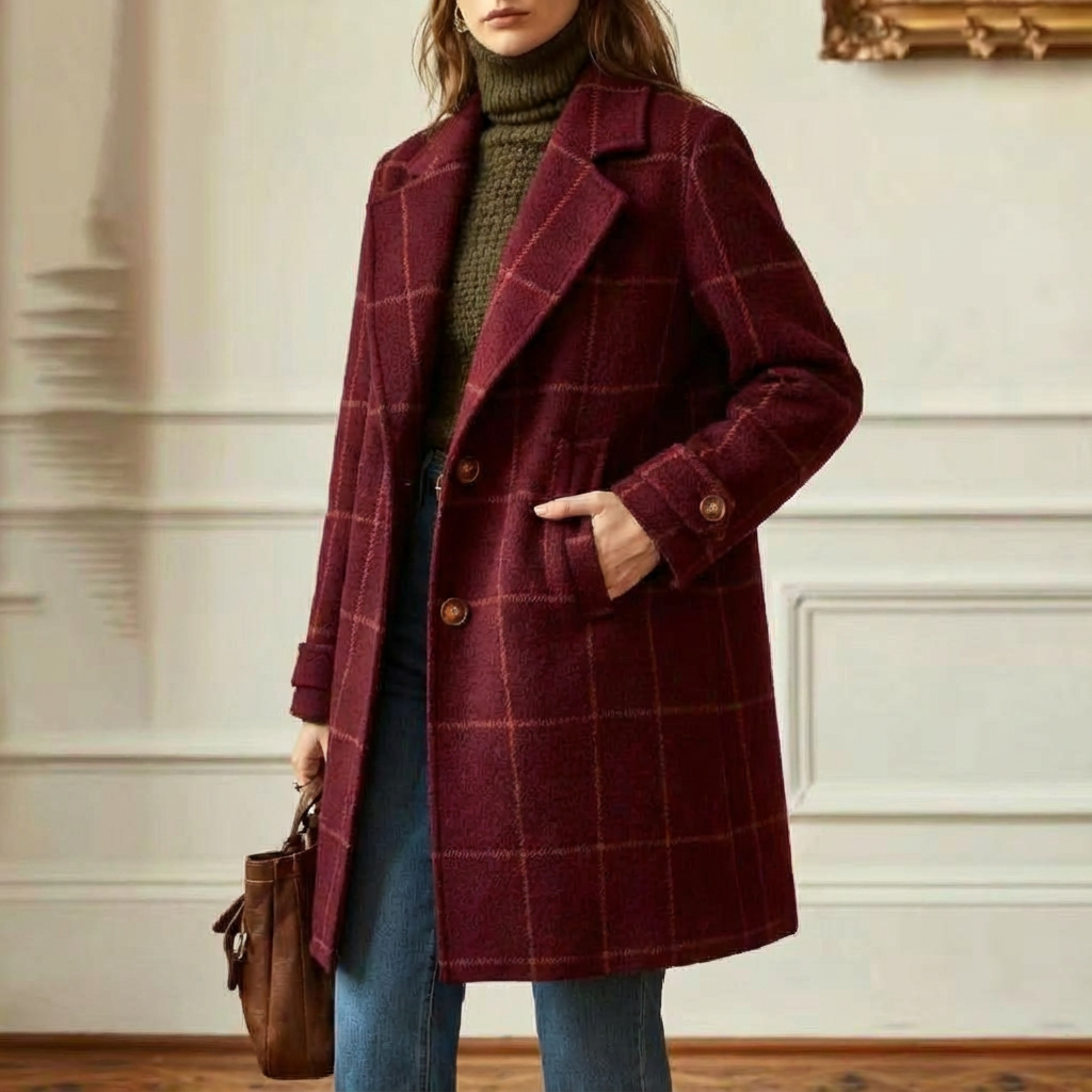 Check Print Tailored Wool Style Coat Women