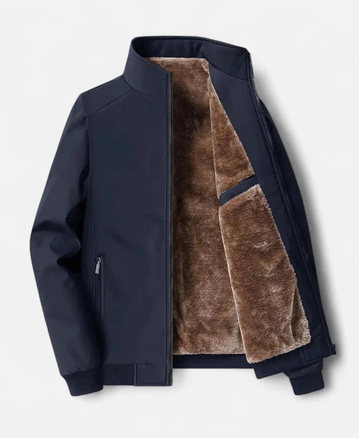 Men’s Fleece-Lined Winter Jacket with Stand Collar and Zip Closure