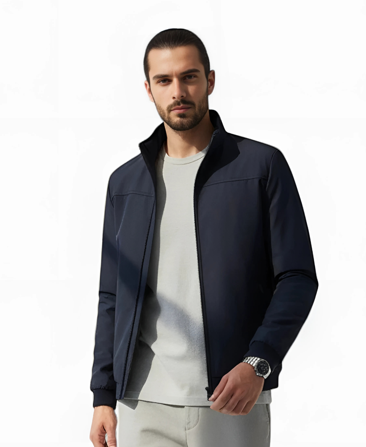 Men’s Fleece-Lined Winter Jacket with Stand Collar and Zip Closure