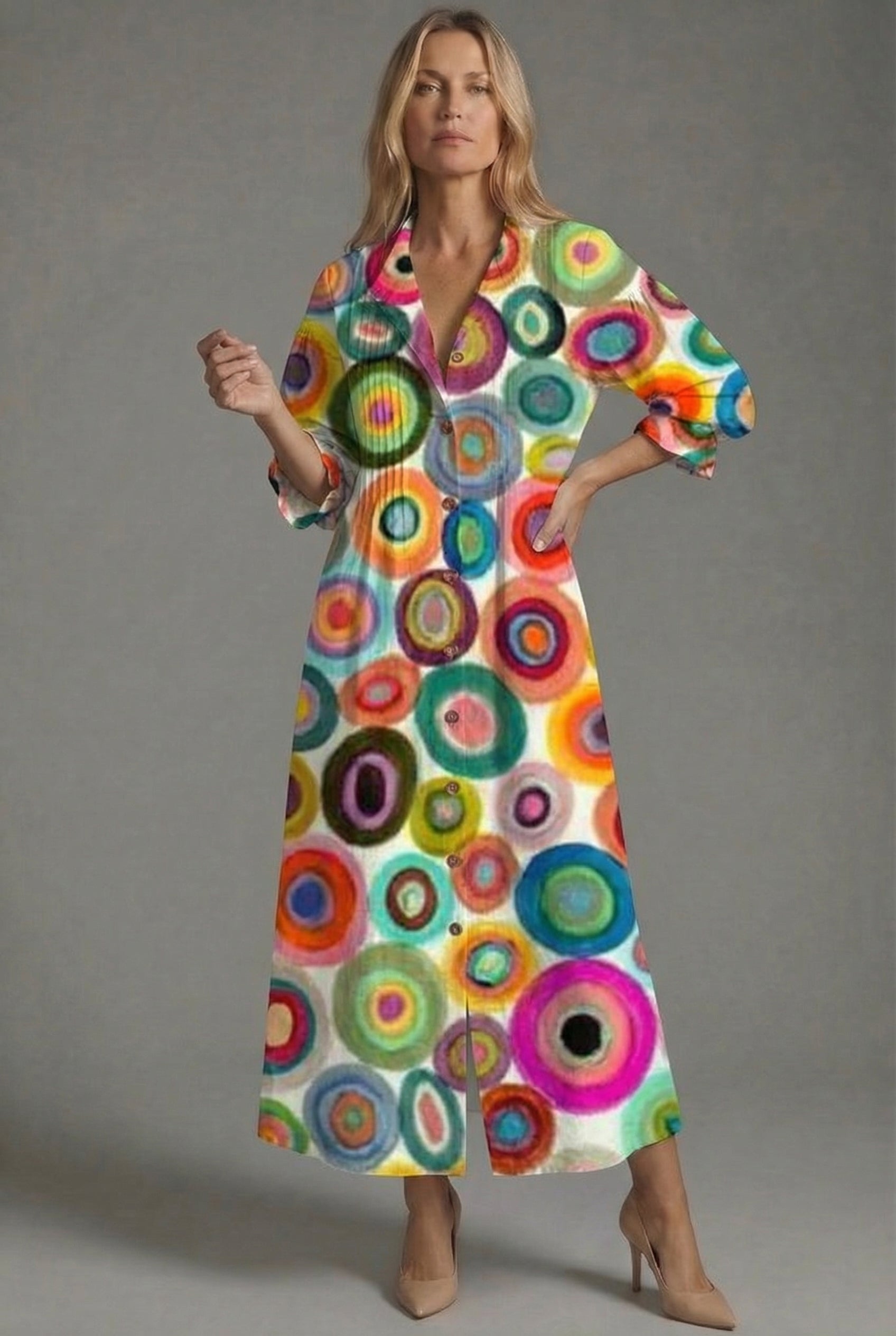 Botanical Pintuck Bodice Button Front Maxi Dress