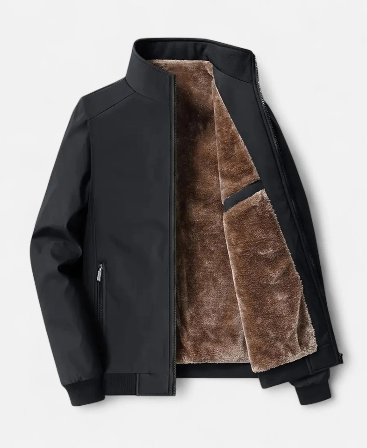 Men’s Fleece-Lined Winter Jacket with Stand Collar and Zip Closure