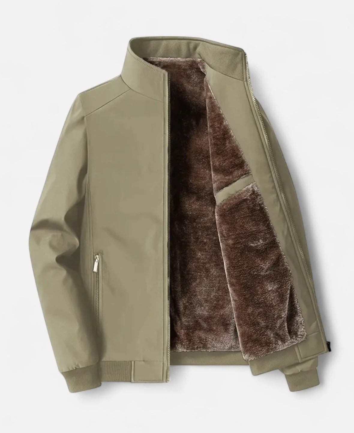 Men’s Fleece-Lined Winter Jacket with Stand Collar and Zip Closure