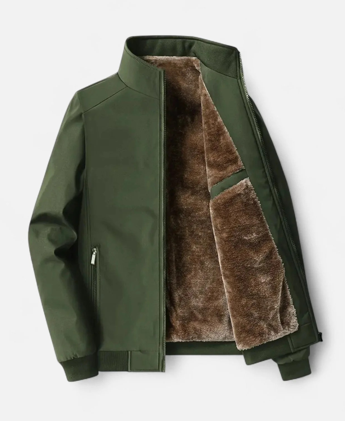 Men’s Fleece-Lined Winter Jacket with Stand Collar and Zip Closure
